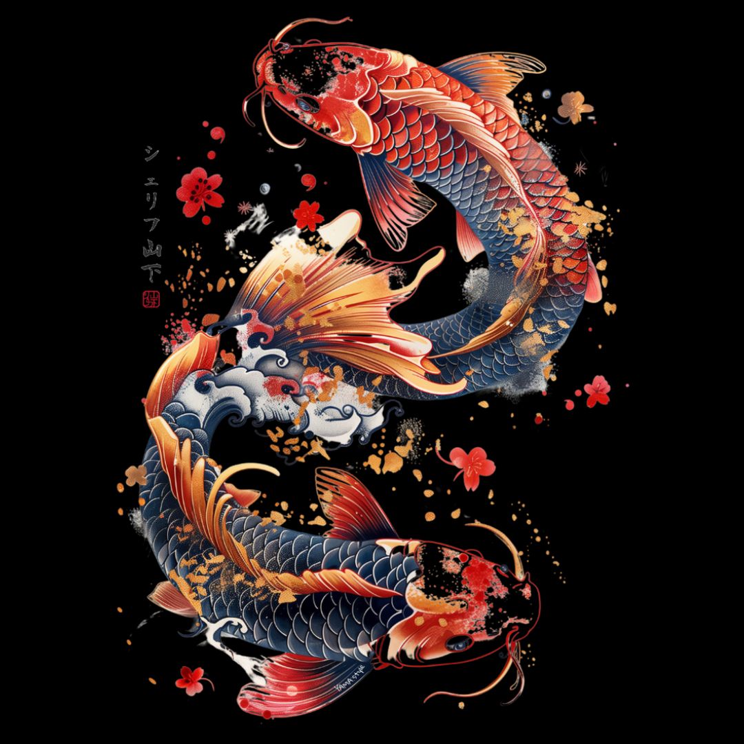 Japan Koi T-Shirt "Dancing Koi" im Tattoo-Style von YAMASHITA für Kinder in schwarz