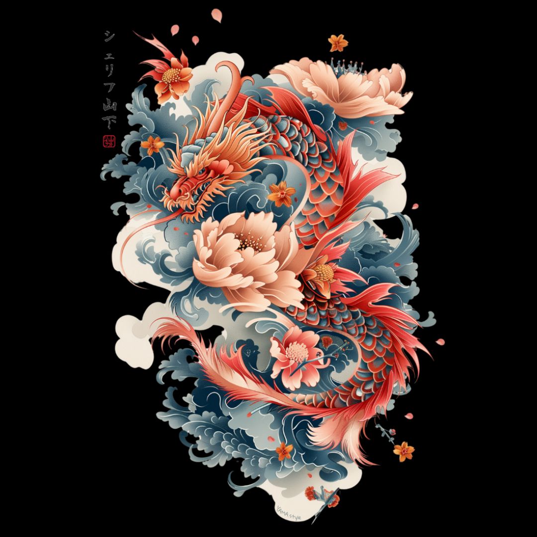 Japan Drachen Damen T-Shirt "Dragon & Flower" im Tattoo-Style von YAMASHITA in schwarz