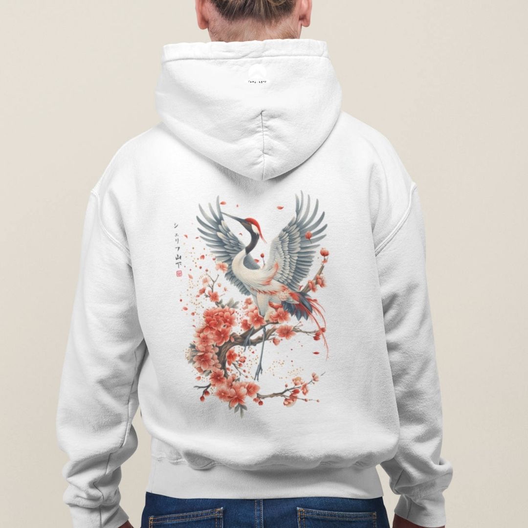 CRANE & FLOWER – Visible Sign Hoodie (Unisex, Off-White, Backprint) | YAMASHITA