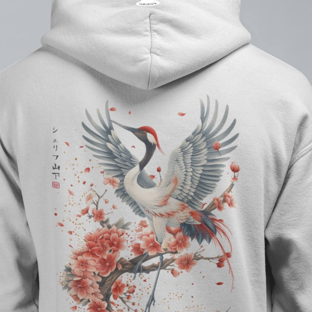 CRANE & FLOWER – Visible Sign Hoodie (Unisex, Off-White, Backprint) | YAMASHITA