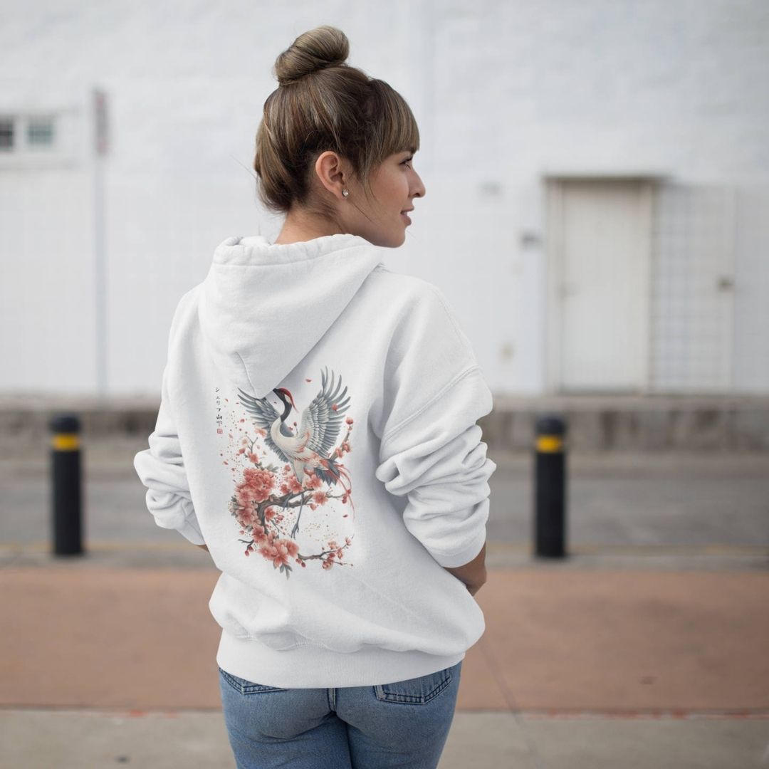 CRANE & FLOWER – Visible Sign Hoodie (Unisex, Off-White, Backprint) | YAMASHITA