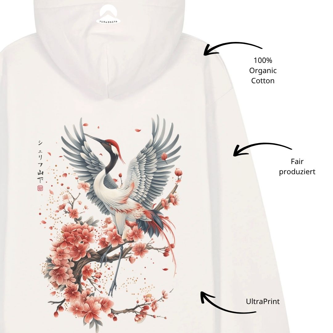 CRANE & FLOWER – Visible Sign Hoodie (Unisex, Off-White, Backprint) | YAMASHITA