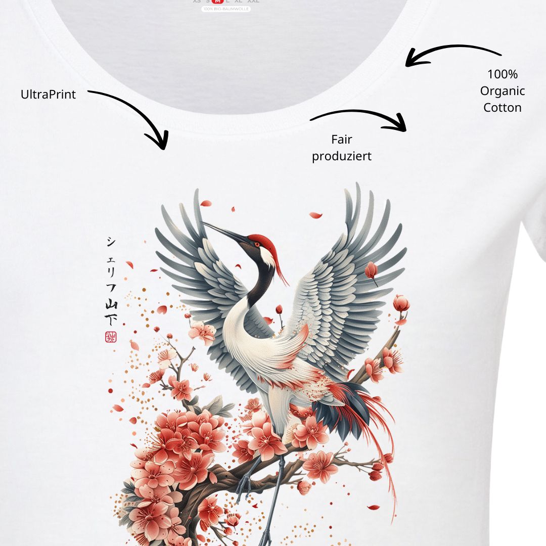 CRANE & FLOWER – Visible Sign T-Shirt (Damen, Weiß) | YAMASHITA