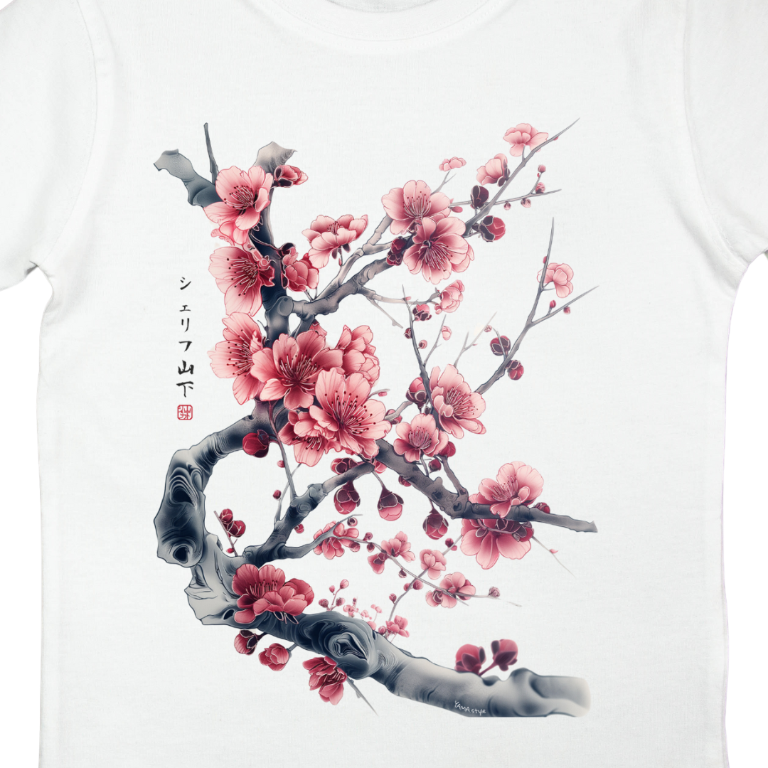 Japan Kirschblüten Kinder Premium T-Shirt "Cherry Blossom - Sakura" im Tattoo-Style von YAMASHITA in weiss