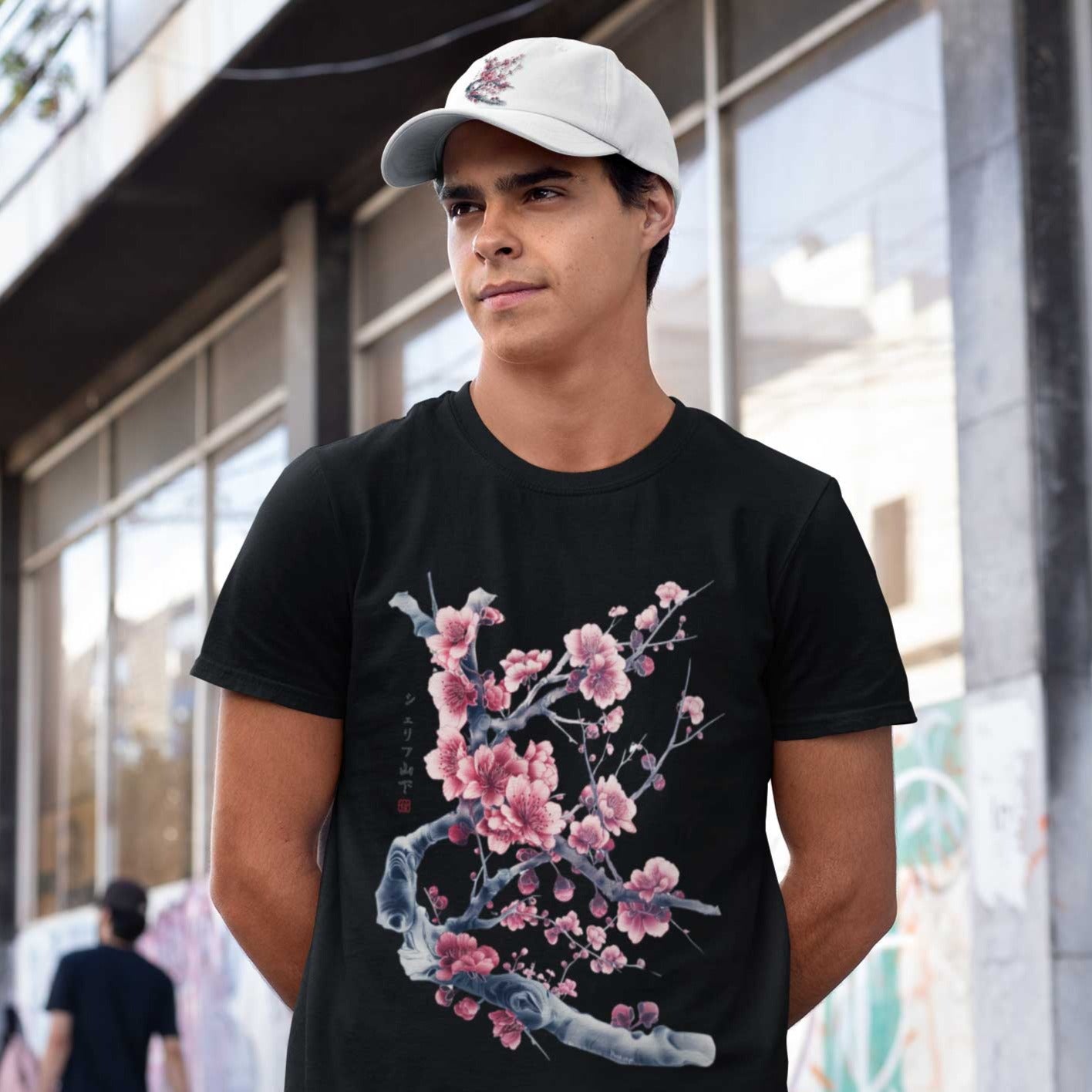 Japan Kirschblüten Herren T-Shirt "Cherry Blossom - Sakura" im Tattoo-Style von YAMASHITA in schwarz