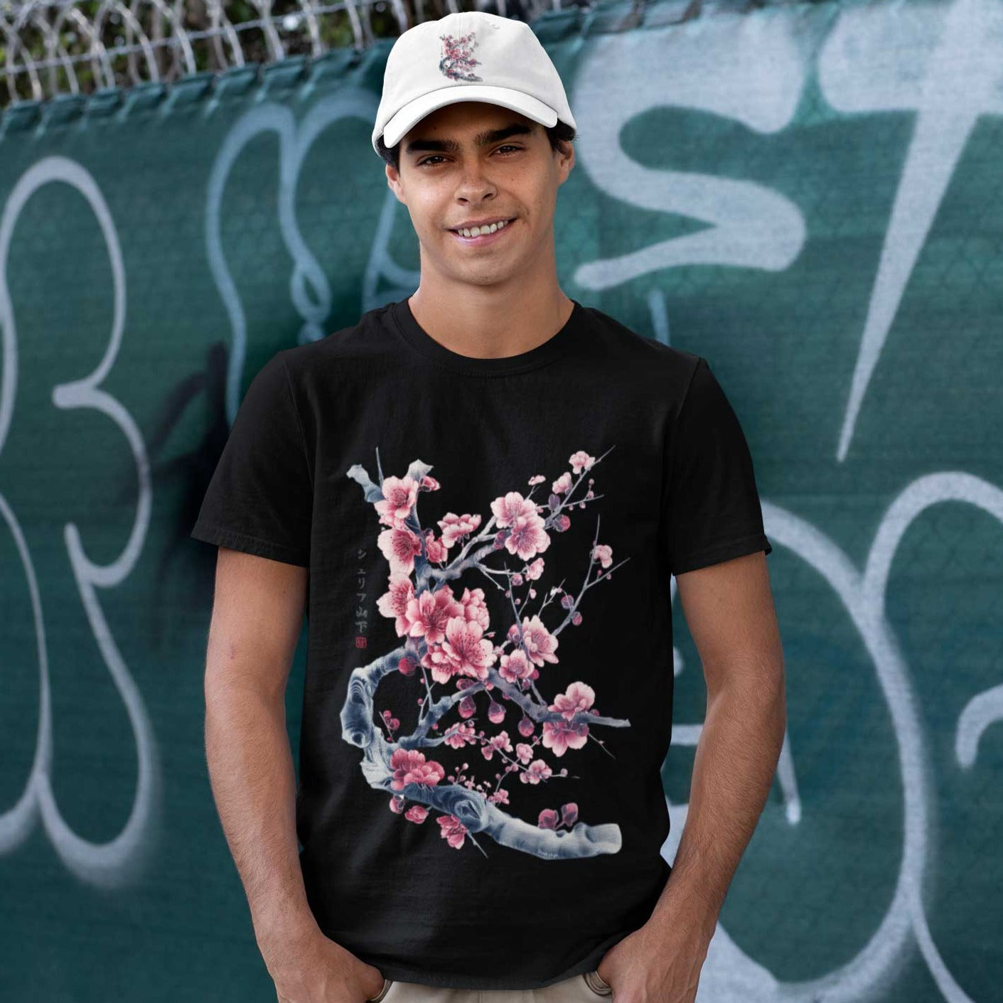 Japan Kirschblüten Herren T-Shirt "Cherry Blossom - Sakura" im Tattoo-Style von YAMASHITA in schwarz