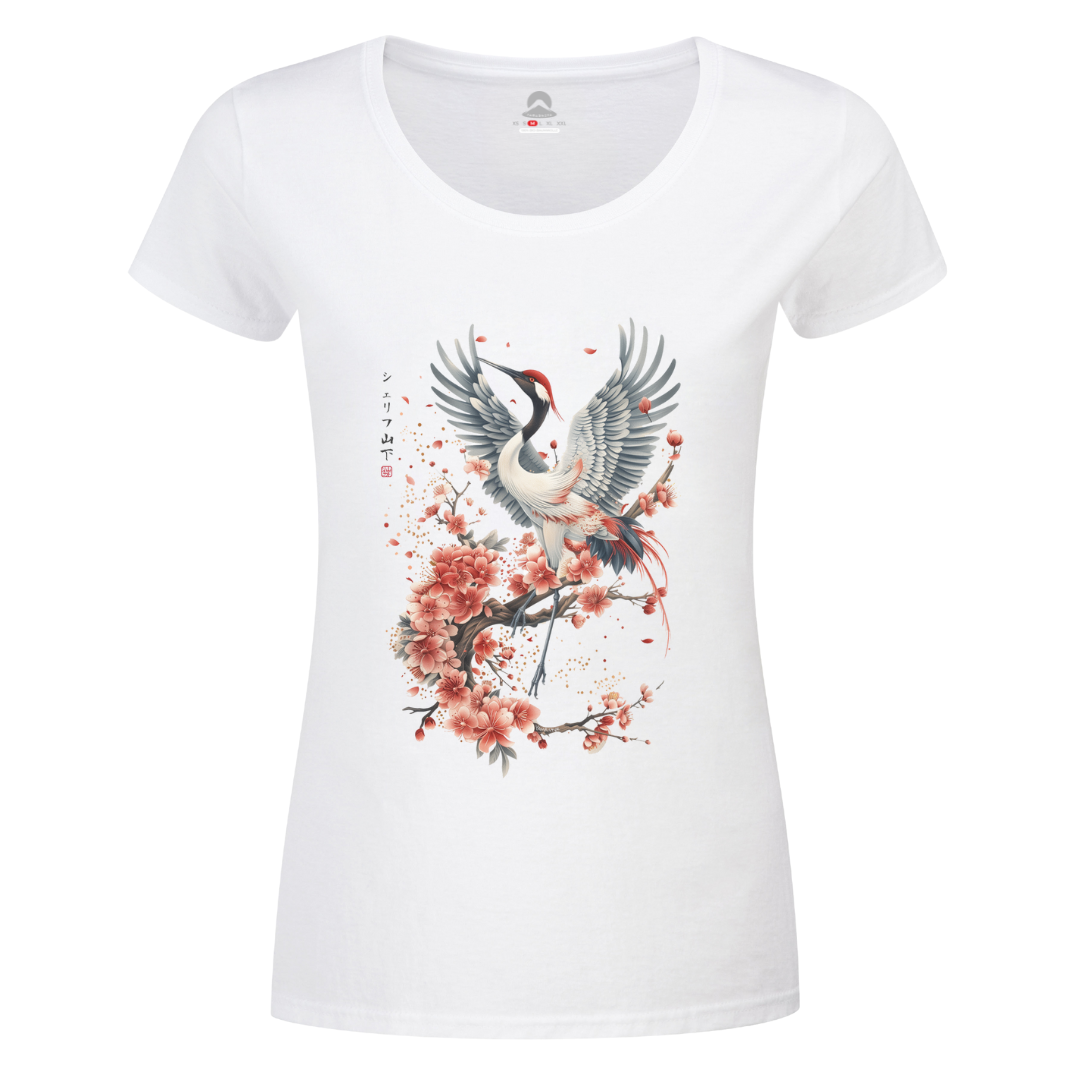 CRANE & FLOWER – Visible Sign T-Shirt (Damen, Weiß) | YAMASHITA
