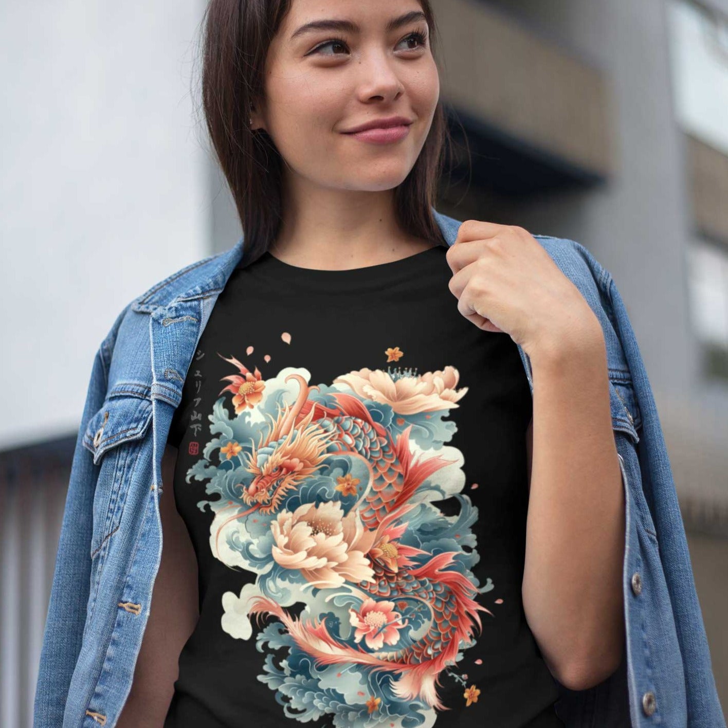 Japan Drachen Damen T-Shirt "Dragon & Flower" im Tattoo-Style von YAMASHITA in schwarz