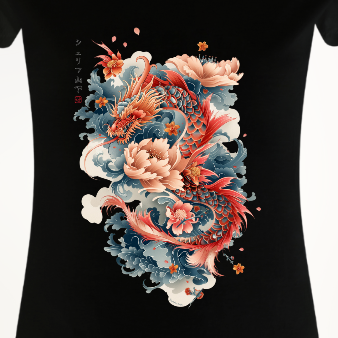Japan Drachen Damen T-Shirt "Dragon & Flower" im Tattoo-Style von YAMASHITA in schwarz