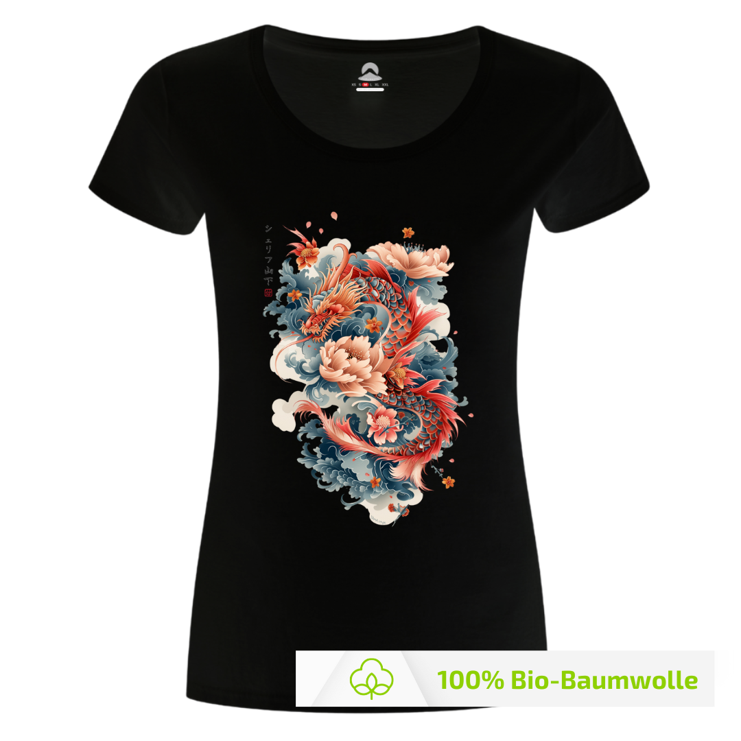 Japan Drachen Damen T-Shirt "Dragon & Flower" im Tattoo-Style von YAMASHITA in schwarz