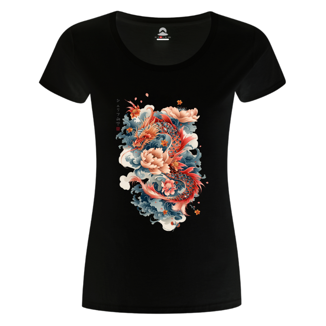 Japan Drachen Damen T-Shirt "Dragon & Flower" im Tattoo-Style von YAMASHITA in schwarz