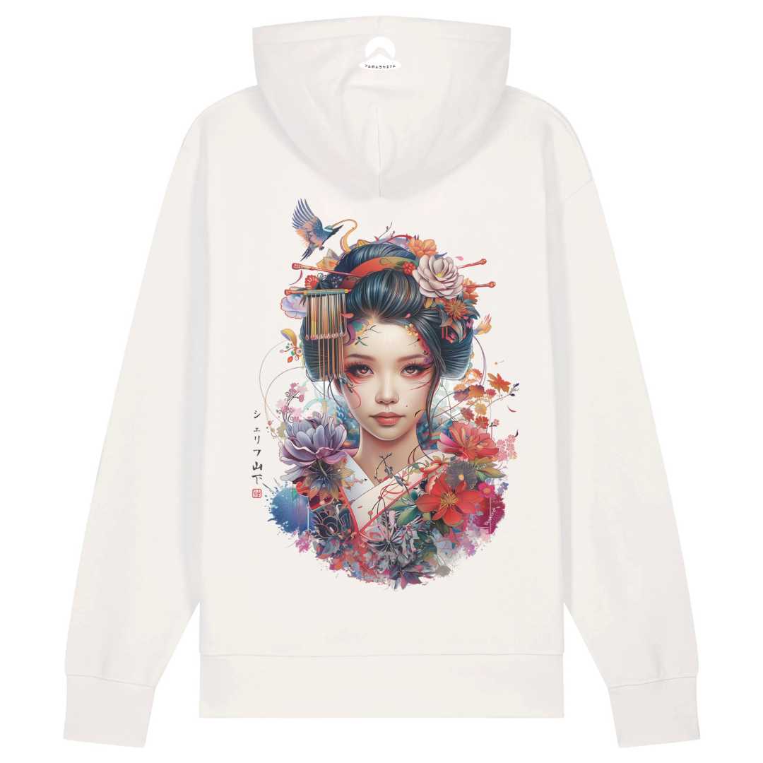 Japan Geisha Hoodie Unisex Damen Herren im Tattoo-Style von YAMASHITA in off-white natur-weiss - Motiv hinten