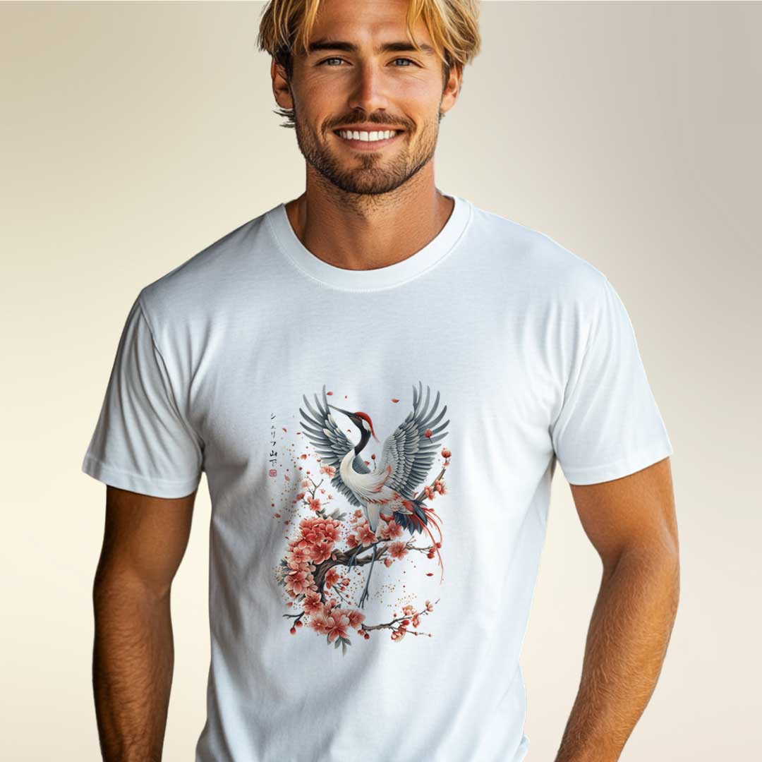 Japan Crane & Flower Unisex T-Shirt im Tattoo-Style von YAMASHITA