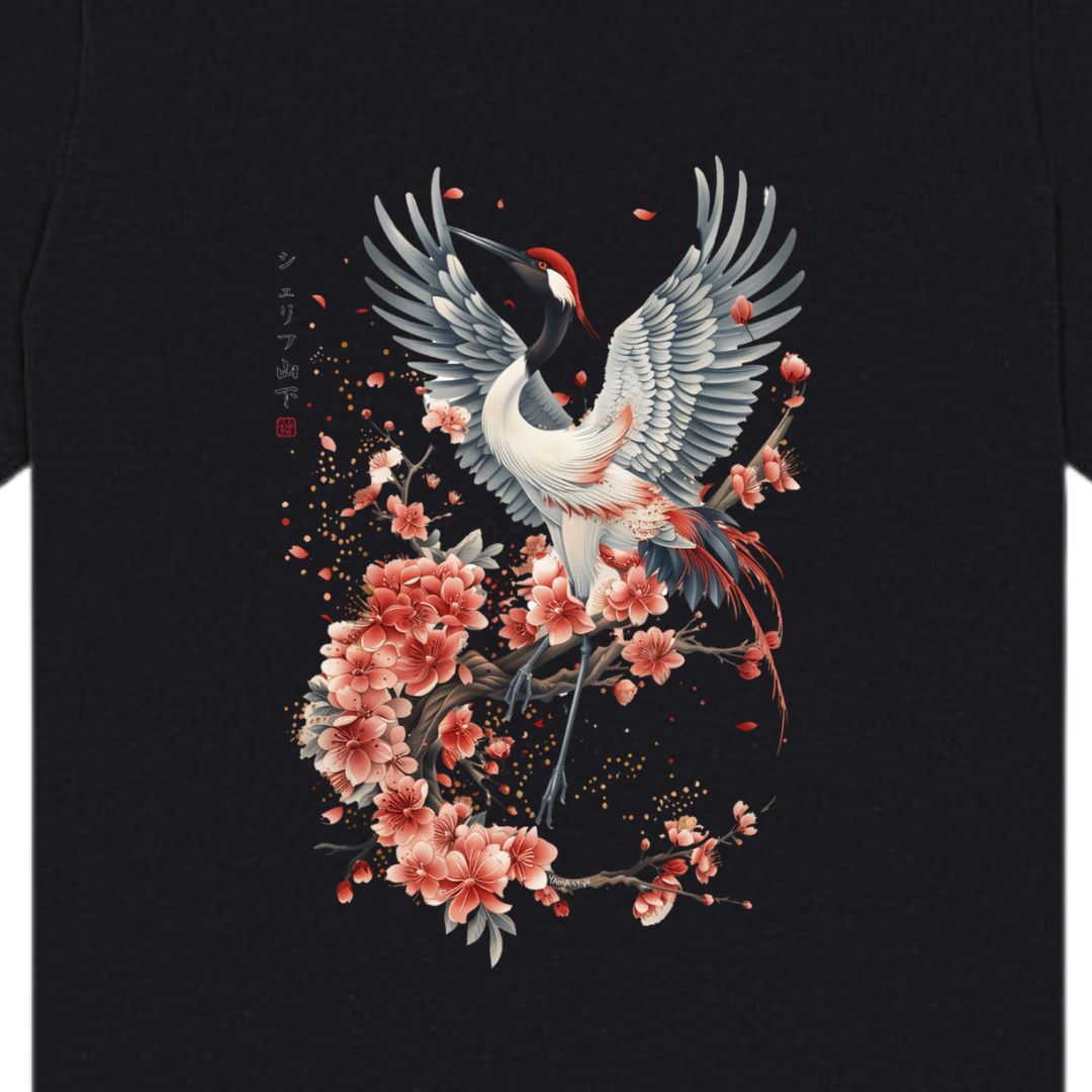 Japan Crane & Flower Unisex T-Shirt im Tattoo-Style von YAMASHITA