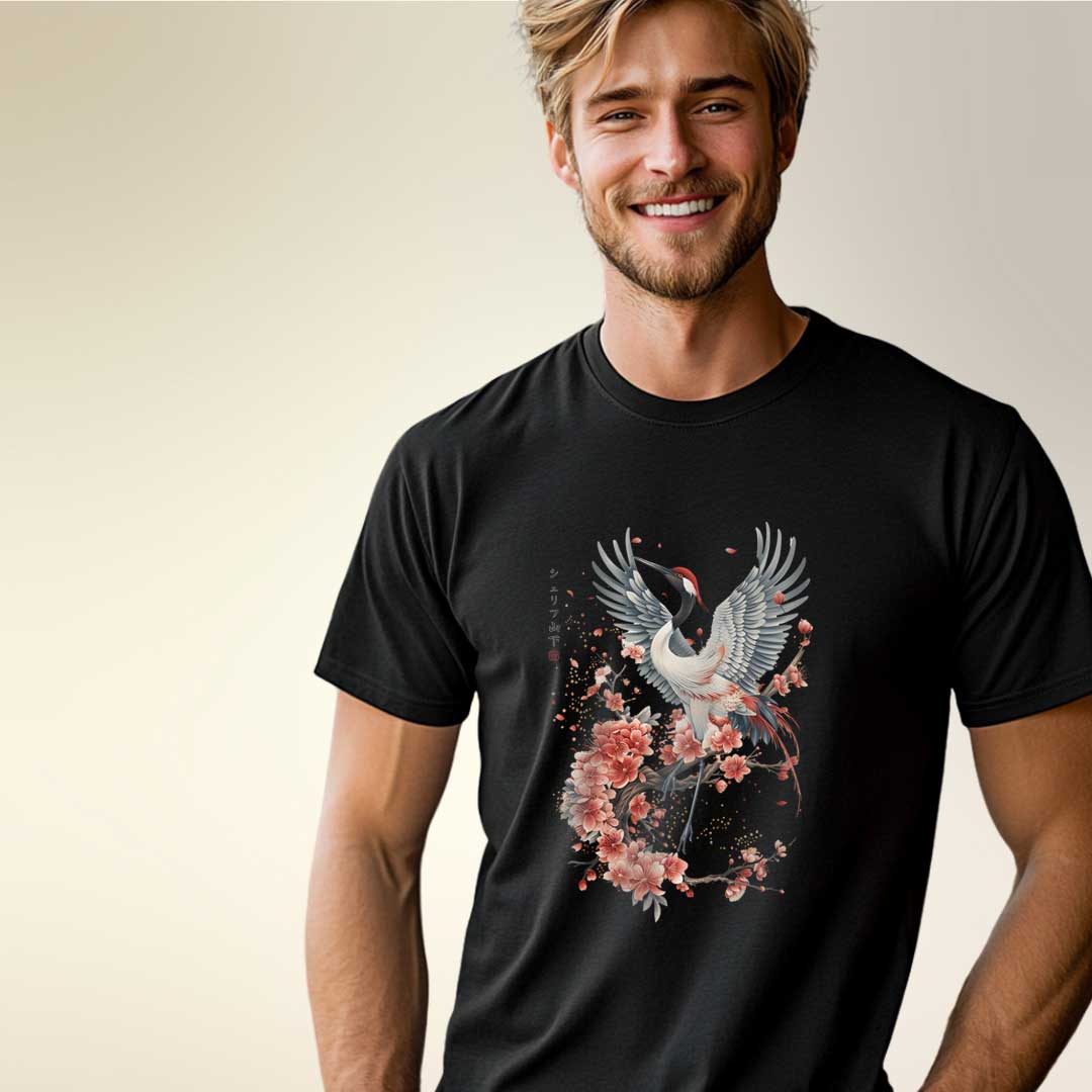 Japan Crane & Flower Unisex T-Shirt im Tattoo-Style von YAMASHITA