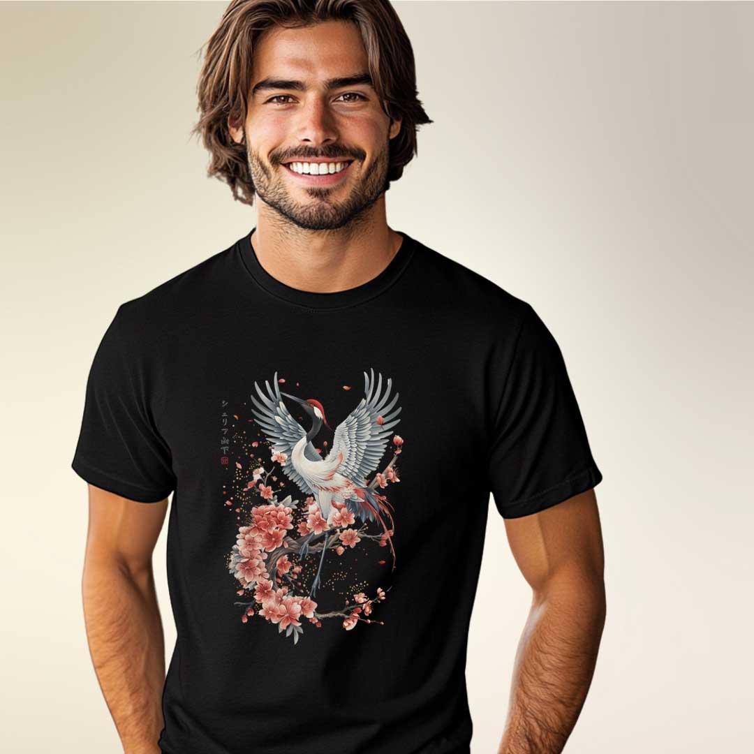Japan Crane & Flower Unisex T-Shirt im Tattoo-Style von YAMASHITA