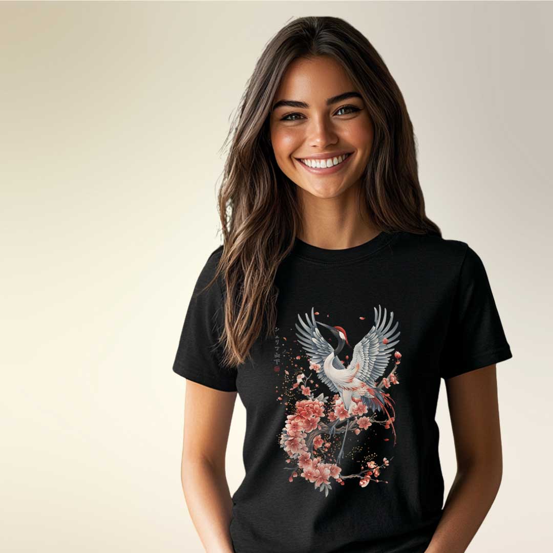 Japan Crane & Flower Unisex T-Shirt im Tattoo-Style von YAMASHITA