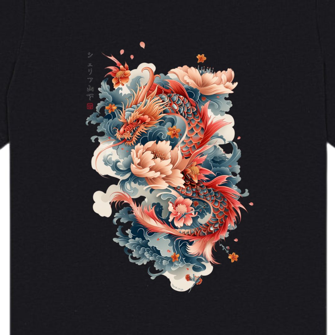 Japan Dragon & Flower Unisex T-Shirt im Tattoo-Style von YAMASHITA