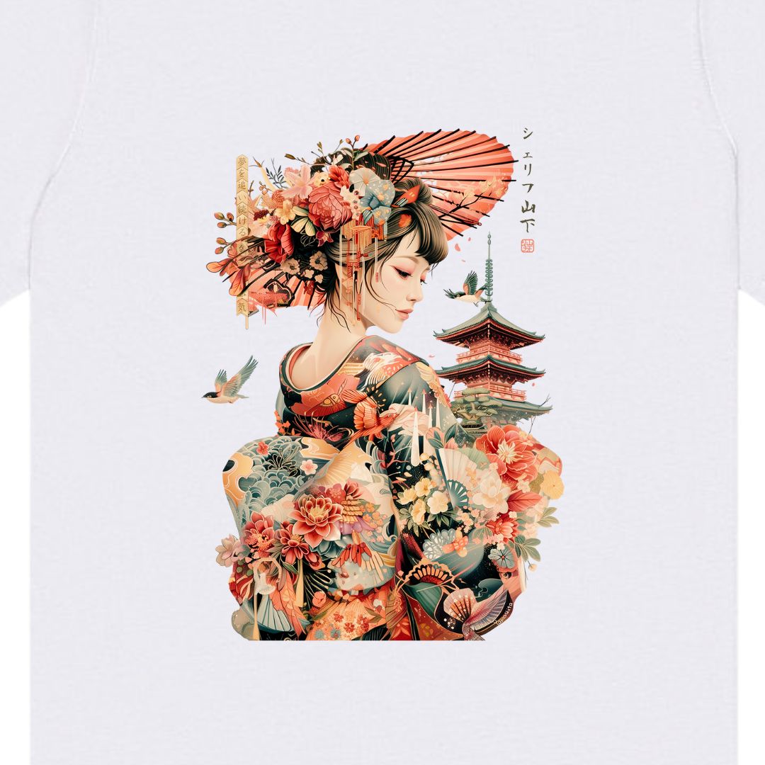 Japan Geisha & Temple Unisex T-Shirt im Vintage-Style von YAMASHITA