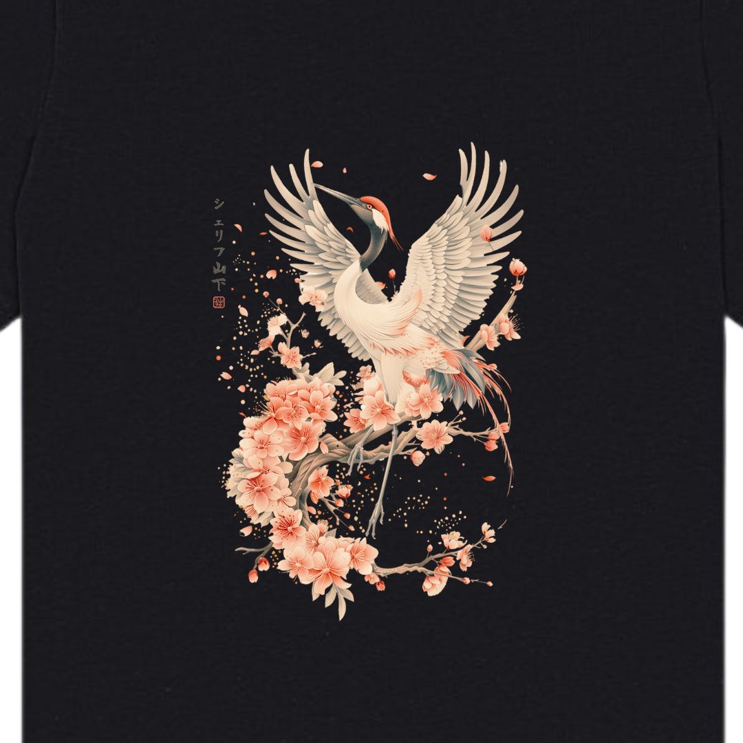 Japan Crane & Flower Unisex T-Shirt im Vintage-Style von YAMASHITA