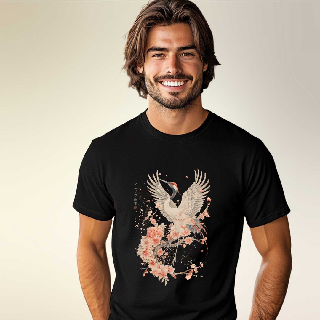 Japan Crane & Flower Unisex T-Shirt im Vintage-Style von YAMASHITA