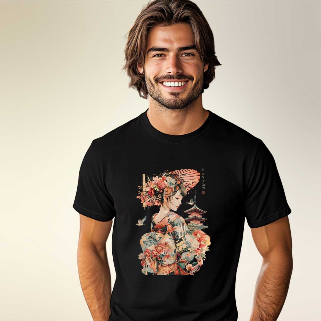 Japan Geisha & Temple Unisex T-Shirt im Vintage-Style von YAMASHITA