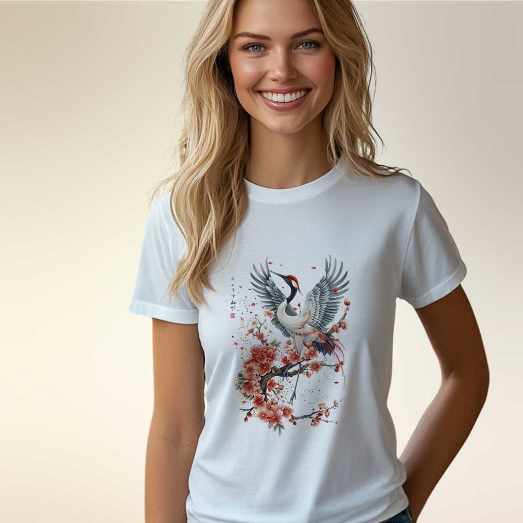 Japan Crane & Flower Damen T-Shirt im Tattoo-Style von YAMASHITA