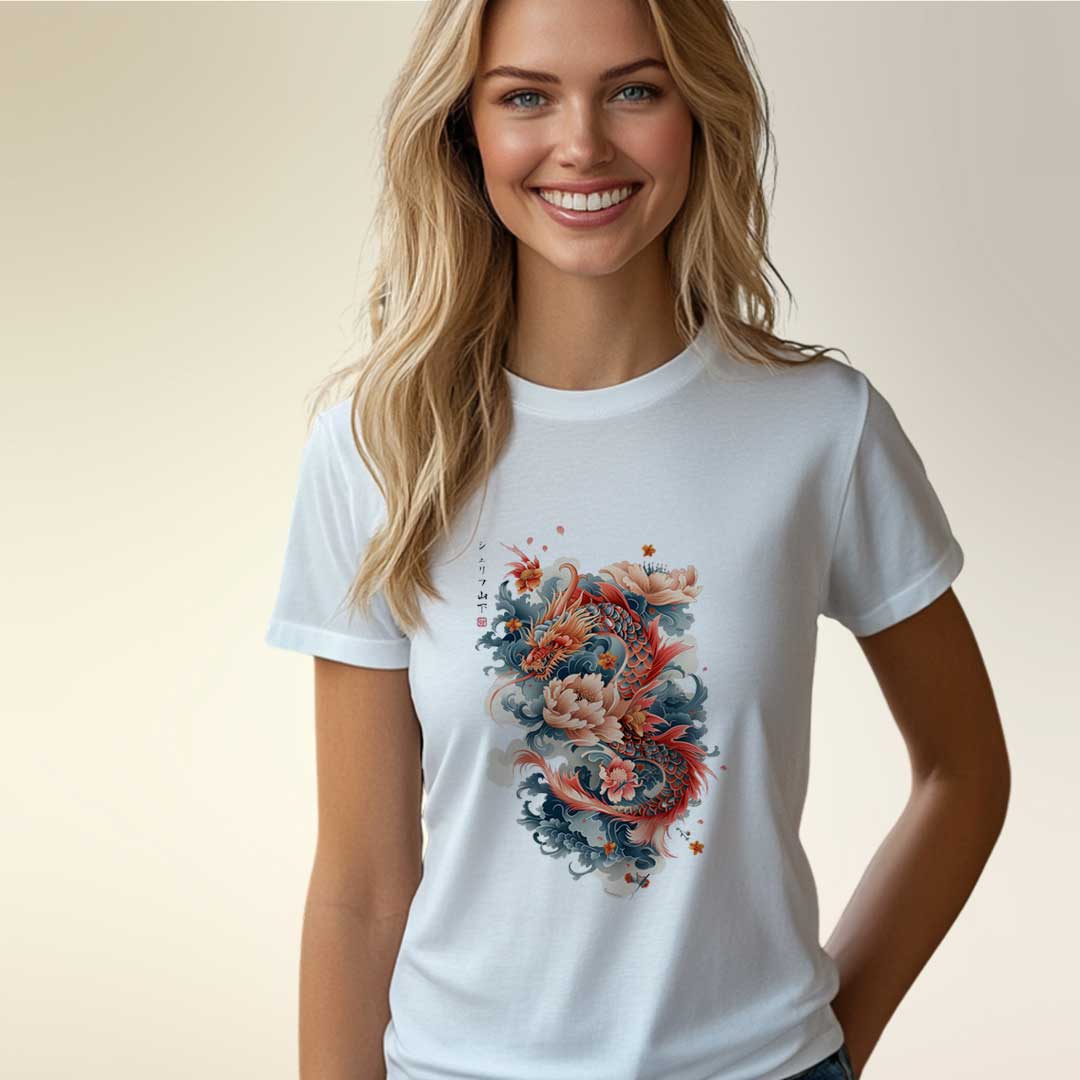 Japan Dragon & Flower Damen T-Shirt im Tattoo-Style von YAMASHITA