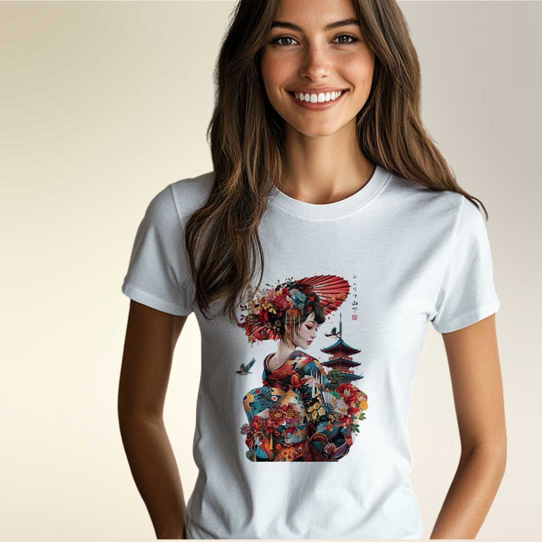 Japan Geisha & Temple Damen T-Shirt im Tattoo-Style von YAMASHITA