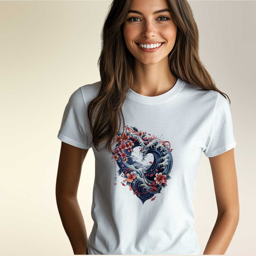 Japan Wave Heart Damen T-Shirt im Tattoo-Style von YAMASHITA