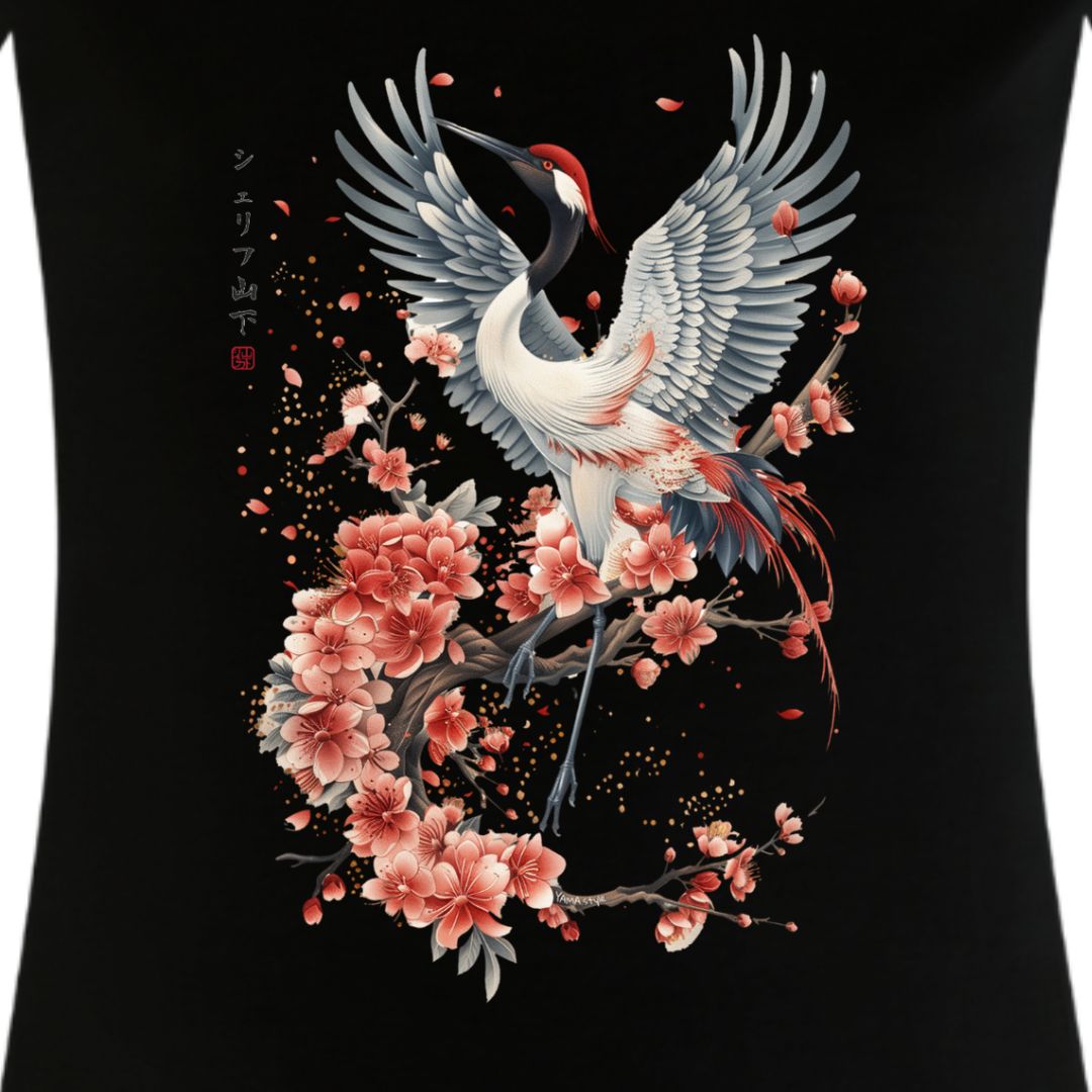 Japan Crane & Flower Damen T-Shirt im Tattoo-Style von YAMASHITA