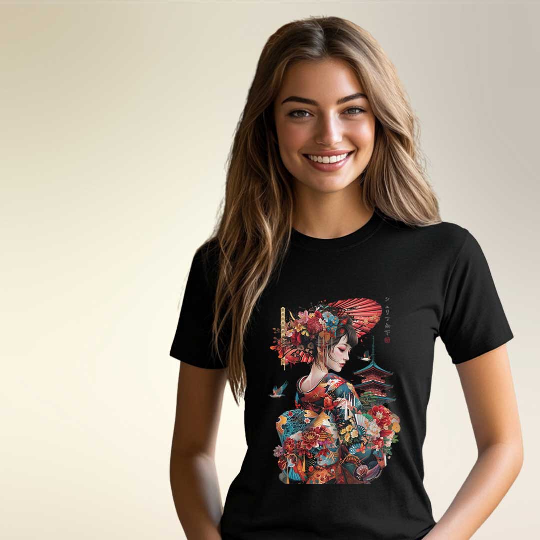 Japan Geisha & Temple Damen T-Shirt im Tattoo-Style von YAMASHITA
