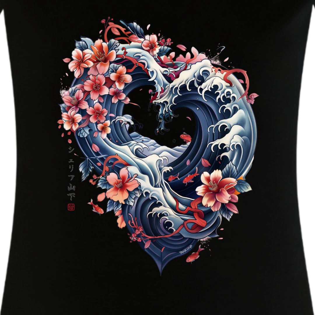 Japan Wave Heart Damen T-Shirt im Tattoo-Style von YAMASHITA