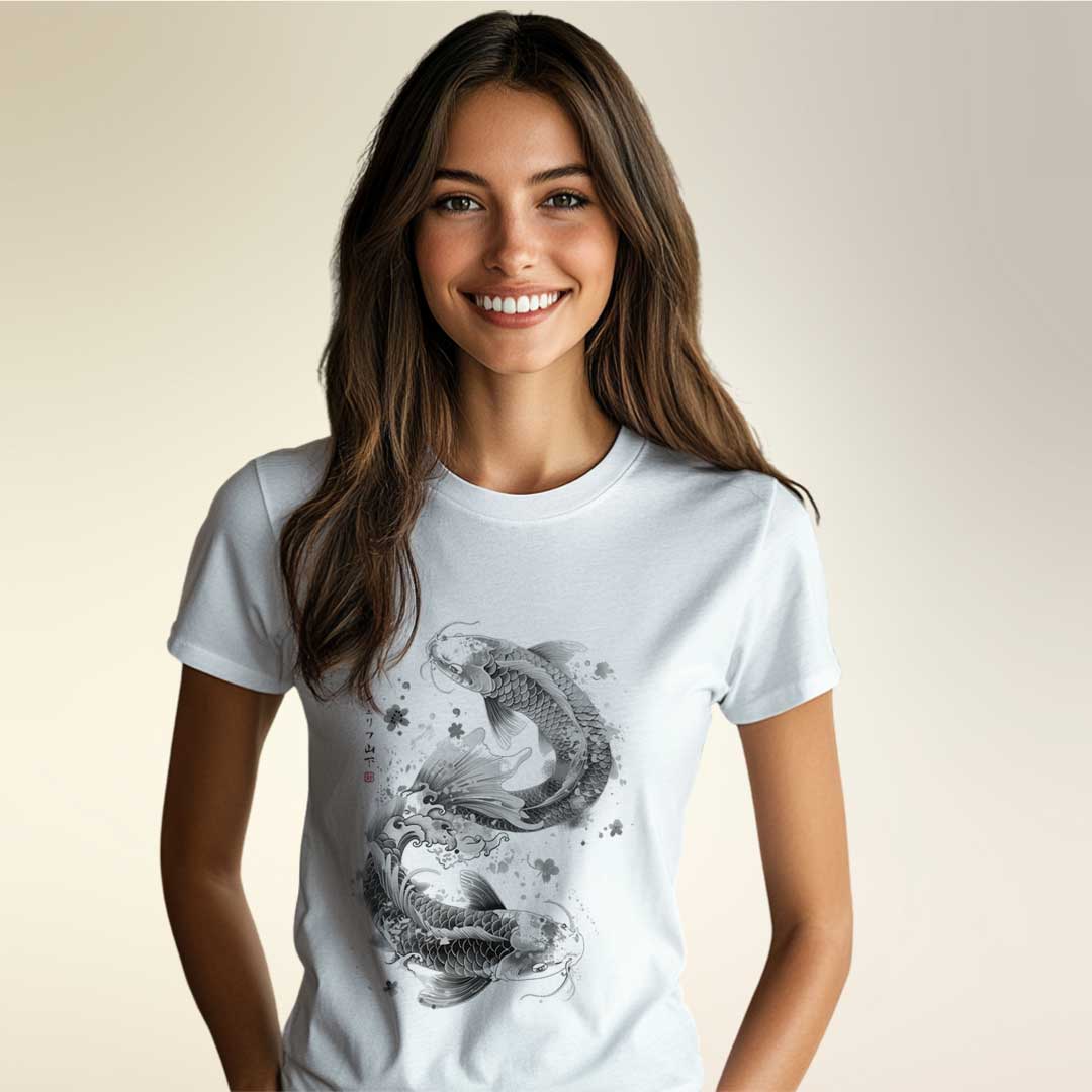 Japan Dancing Koi Damen T-Shirt im Sumi-e-Stil von YAMASHITA