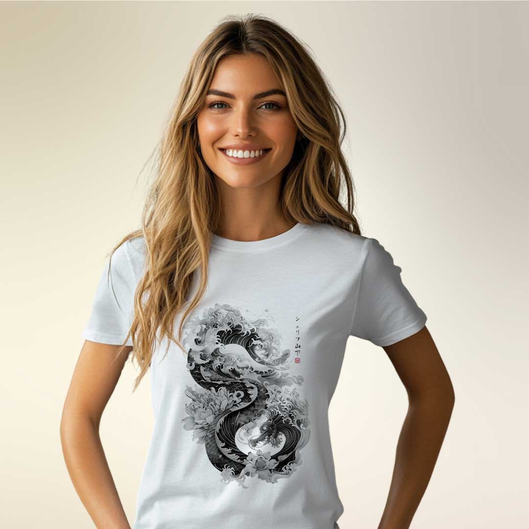 Japan Dragon & Flower Damen T-Shirt im Sumi-e-Stil von YAMASHITA