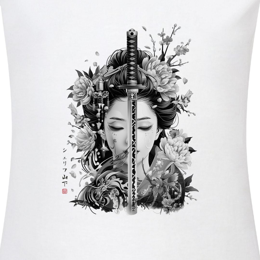 Japan Geisha & Sword Damen T-Shirt im Sumi-e-Stil von YAMASHITA
