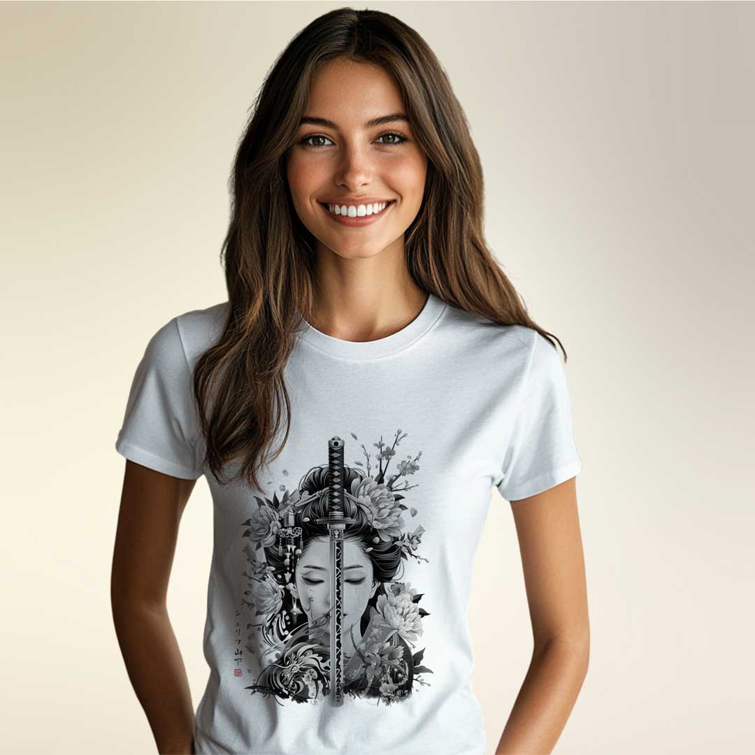 Japan Geisha & Sword Damen T-Shirt im Sumi-e-Stil von YAMASHITA