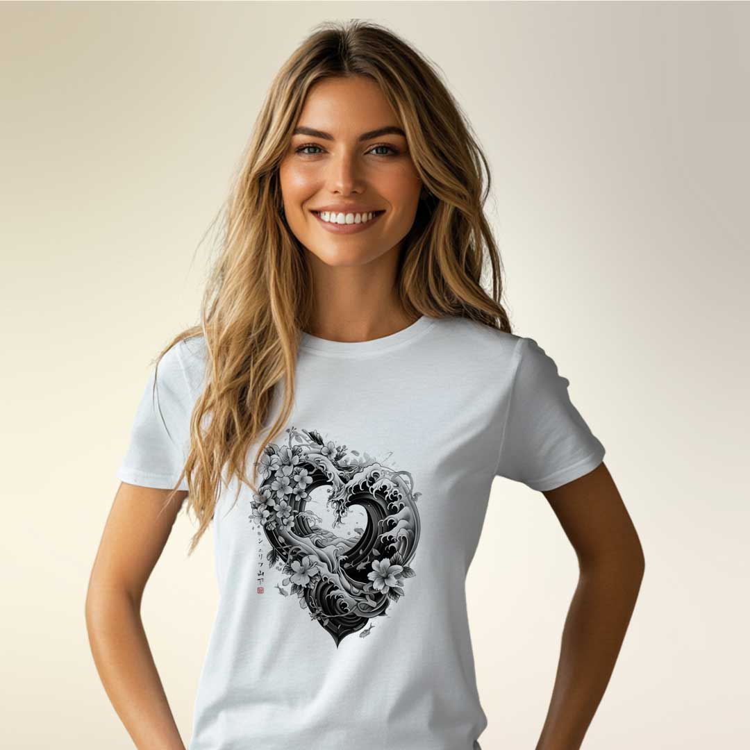 Japan Wave Heart Damen T-Shirt im Sumi-e-Stil von YAMASHITA