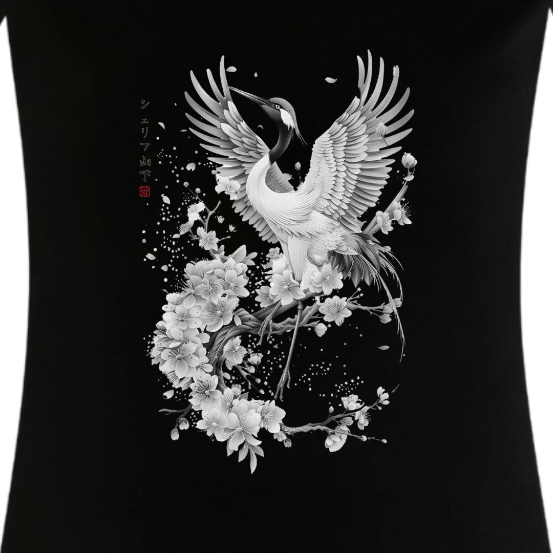 Japan Crane & Flower Damen T-Shirt im Sumi-e-Stil von YAMASHITA