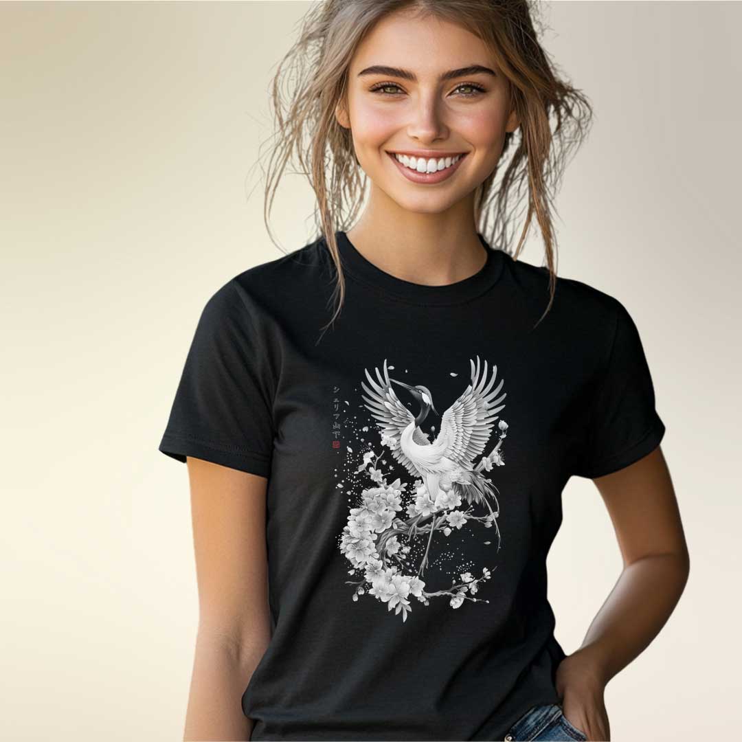 Japan Crane & Flower Damen T-Shirt im Sumi-e-Stil von YAMASHITA