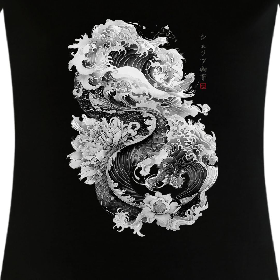 Japan Dragon & Flower Damen T-Shirt im Sumi-e-Stil von YAMASHITA