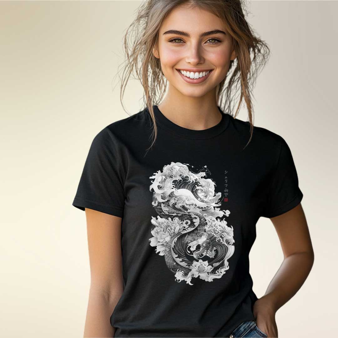 Japan Dragon & Flower Damen T-Shirt im Sumi-e-Stil von YAMASHITA