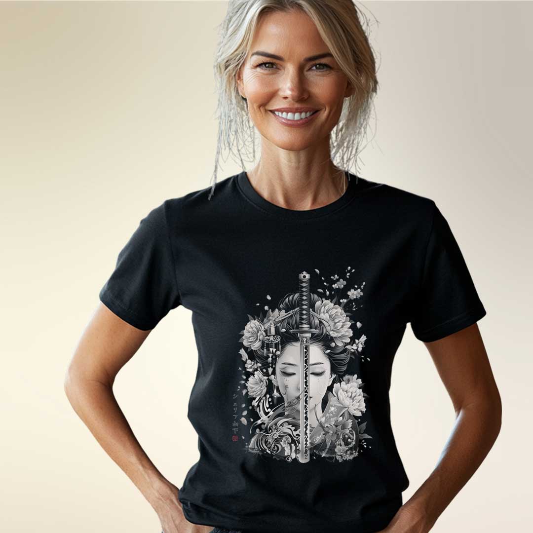 Japan Geisha & Sword Damen T-Shirt im Sumi-e-Stil von YAMASHITA