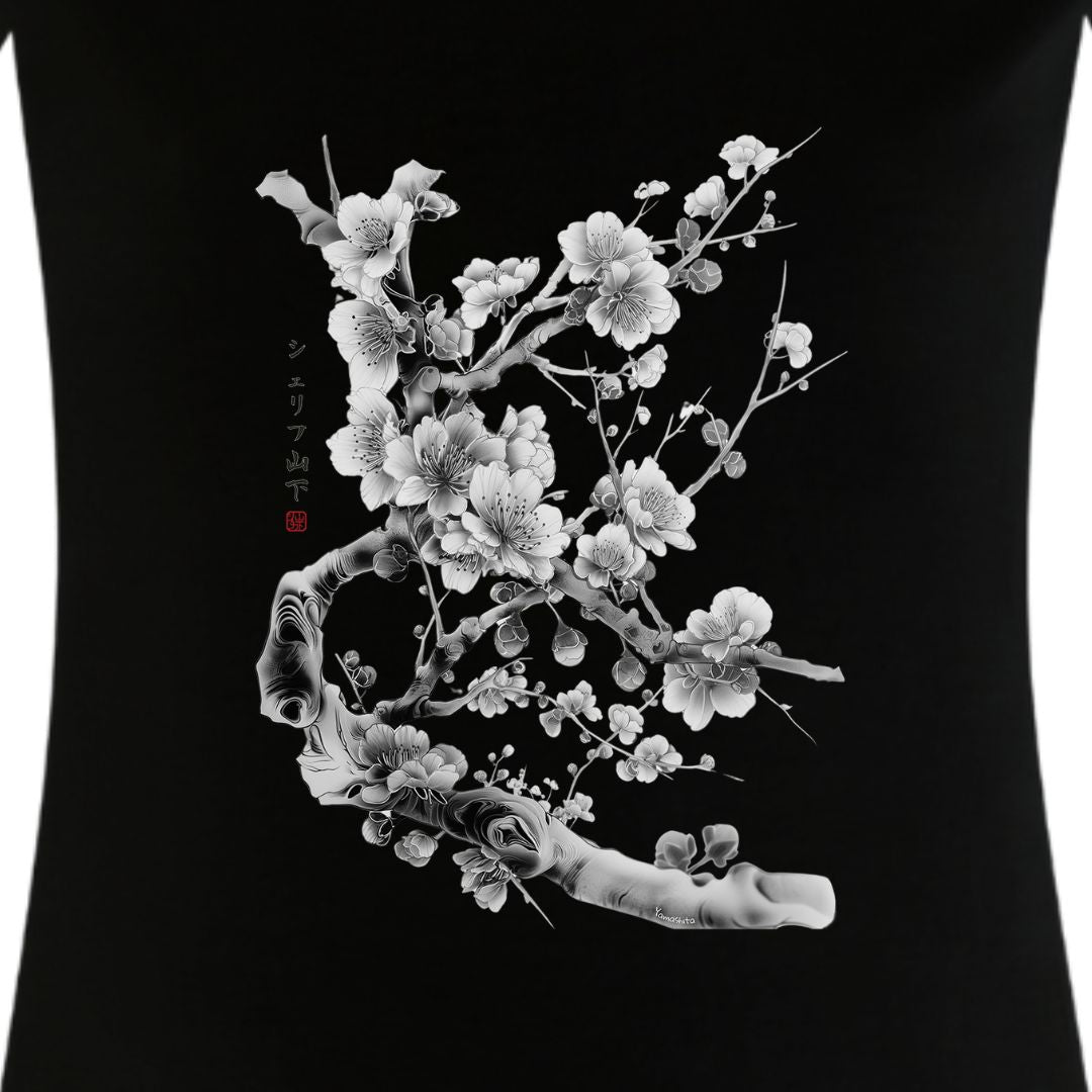Japan Sakura Cherry Blossom Damen T-Shirt im Sumi-e-Stil von YAMASHITA