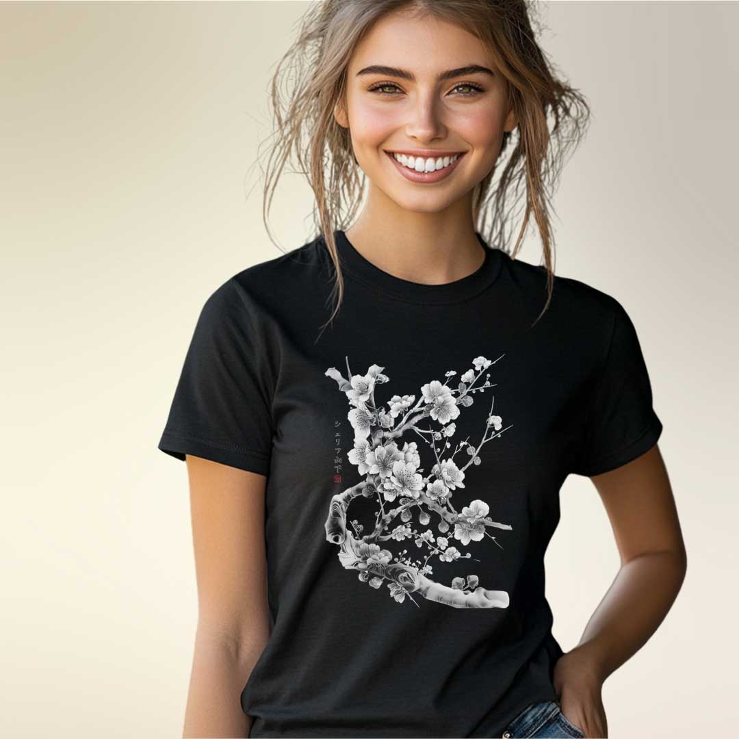 Japan Sakura Cherry Blossom Damen T-Shirt im Sumi-e-Stil von YAMASHITA