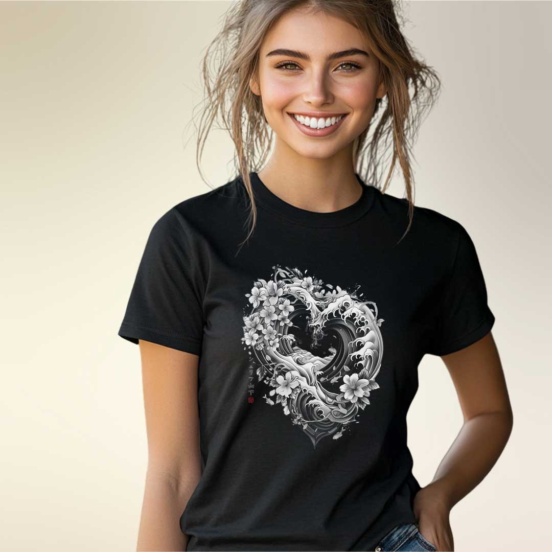 Japan Wave Heart Damen T-Shirt im Sumi-e-Stil von YAMASHITA