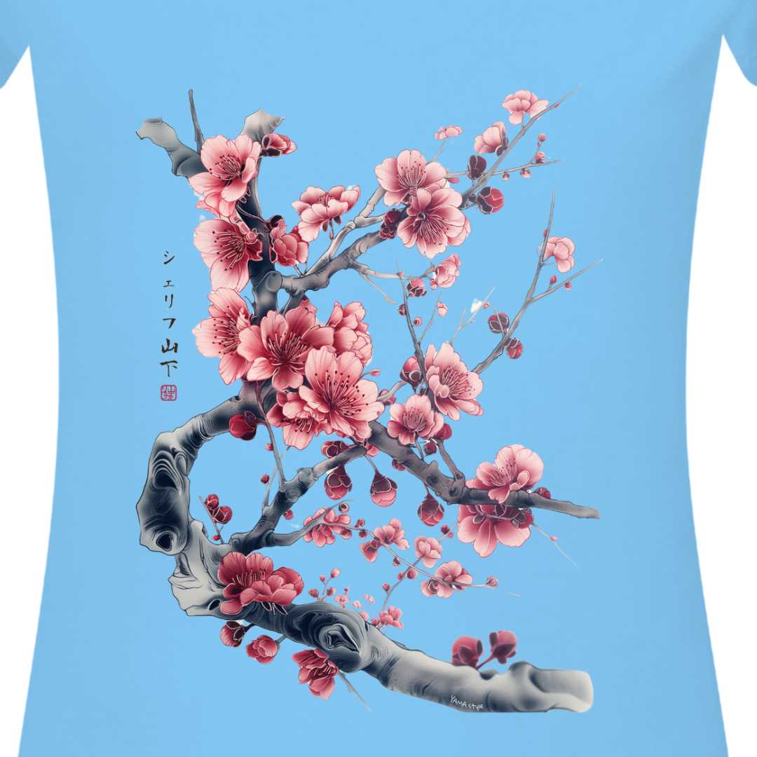 Damen T-Shirt "Cherry Blossom" YAMASHITA in sky-blue, Größe S, Einzelstück