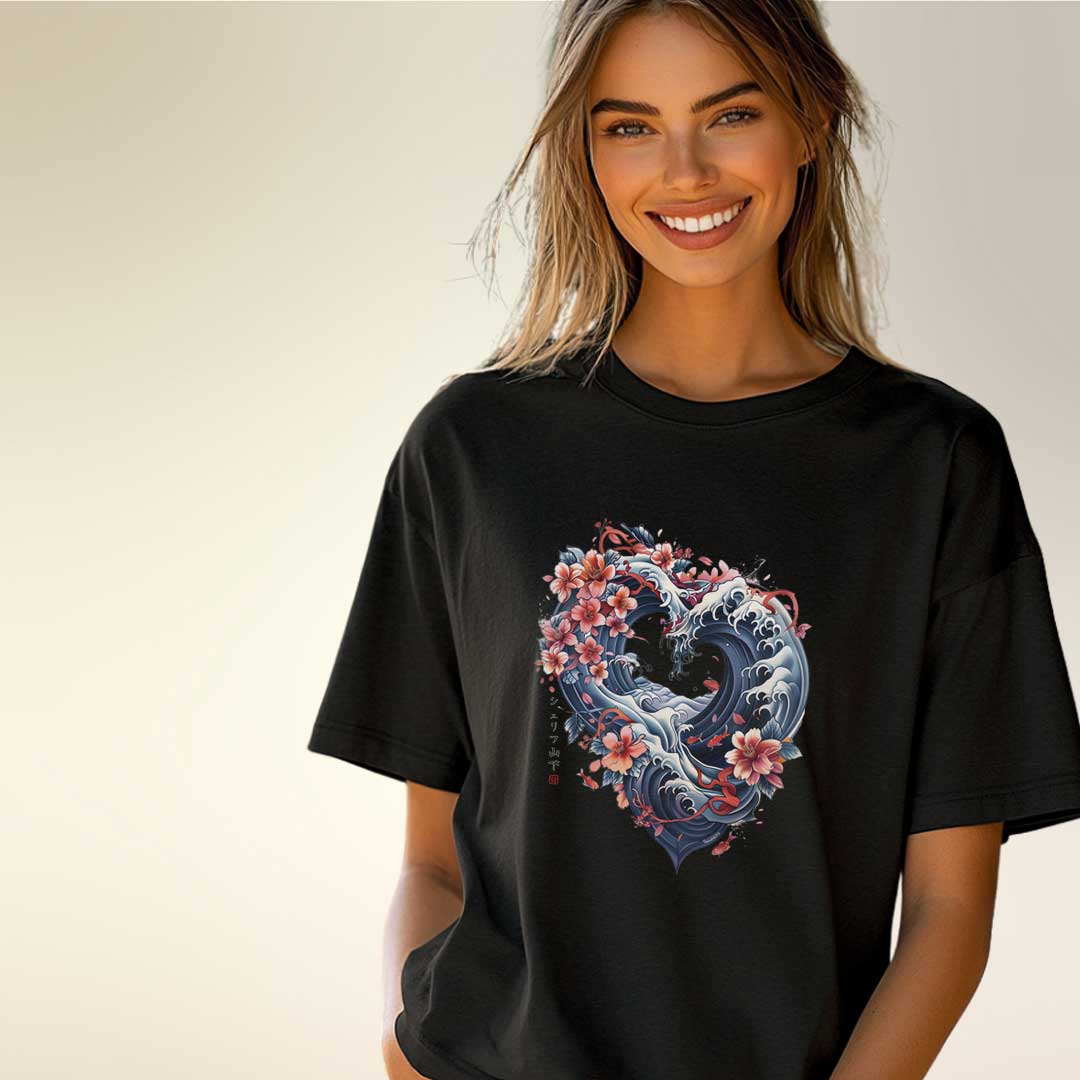 Japan Wave Heart Unisex Oversized T-Shirt im Tattoo-Style von YAMASHITA