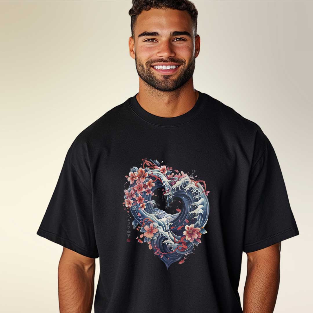 Japan Wave Heart Unisex Oversized T-Shirt im Tattoo-Style von YAMASHITA