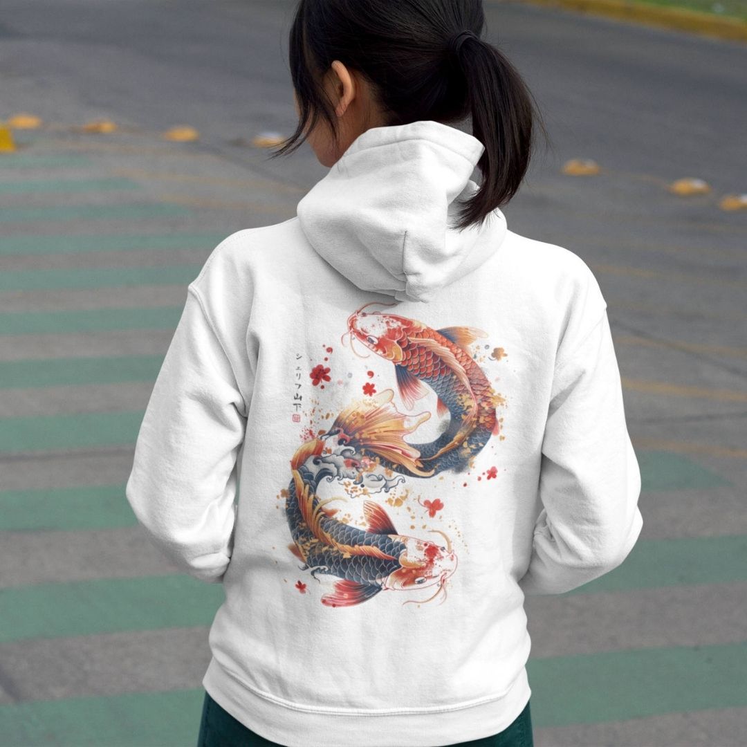 DANCING KOI – Visible Sign Hoodie (Unisex, Off-White, Backprint) | YAMASHITA